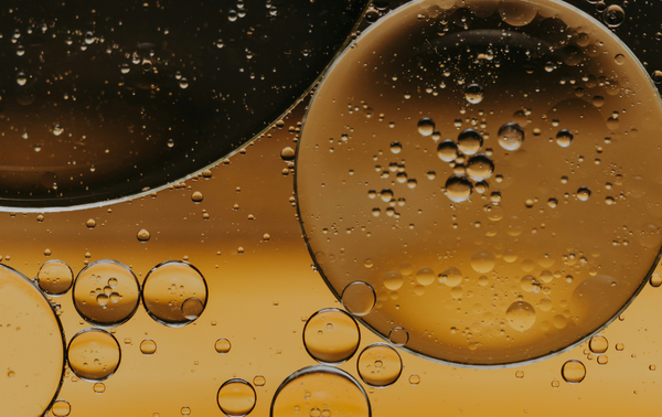Close-up of Polytar shampoo, thick dark brown liquid with glossy texture, shown outside the bottle for a scientific product detail view